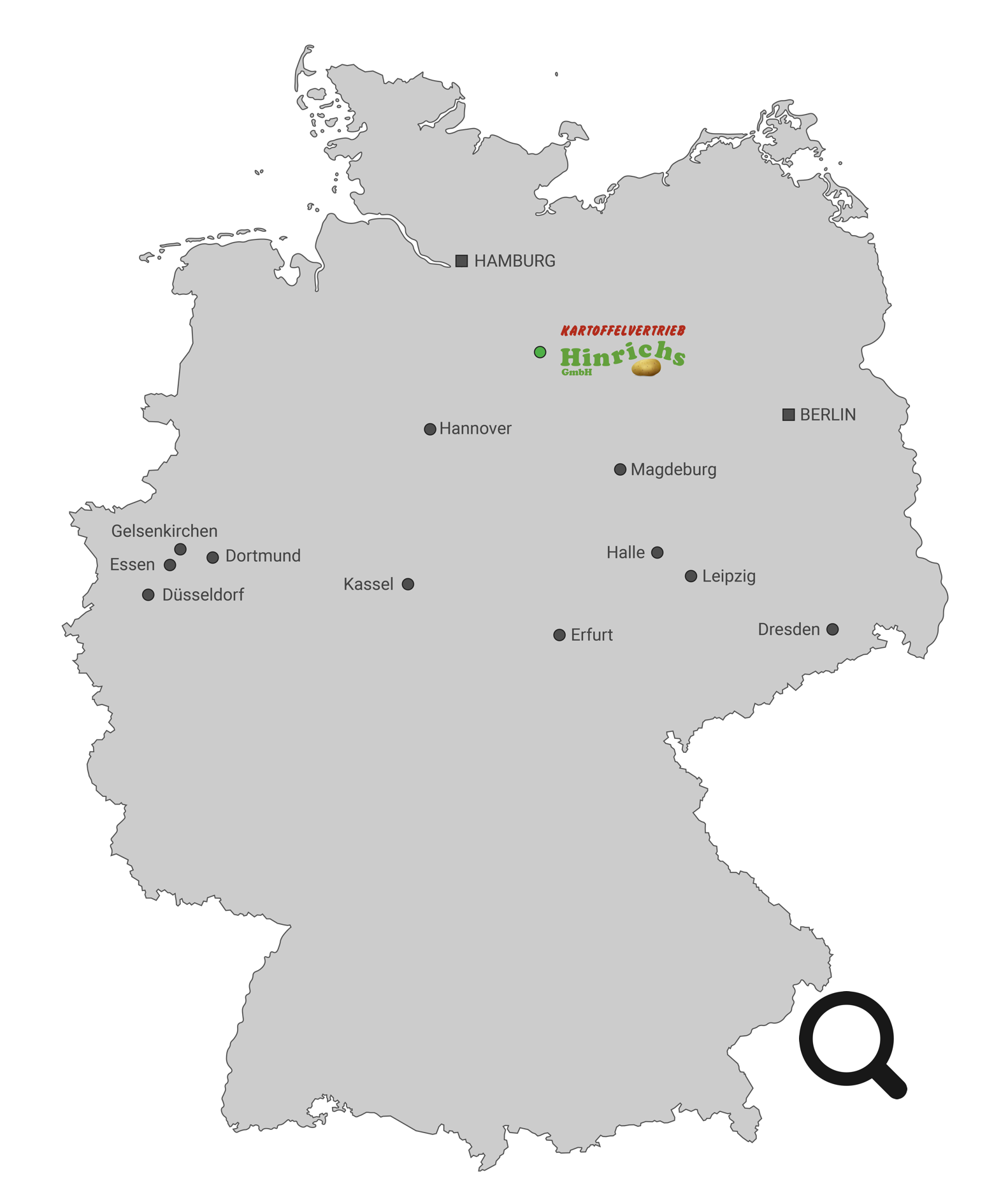 Deutschlandkarte mit markierten Lieferorten der Kartoffelvertrieb Hinrichs GmbH.