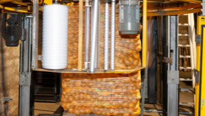 Maschine mit mehreren Rollen und einem großen Stapel verpackter Kartoffeln in einem Netz.