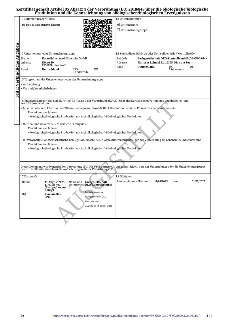 Ein Dokument (Öko-Zertifikat) mit einem QR-Code, Textfeldern und der Aufschrift "AUSGESTELLT" in großen Buchstaben.