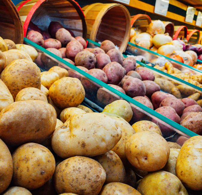Verschiedene Kartoffelsorten in Körben auf einem Marktstand.